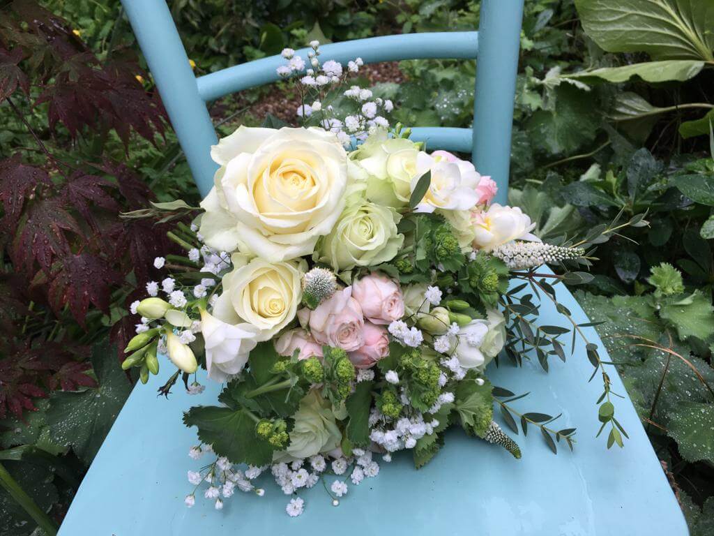 Brides bouquet with pink & cream roses, gypsophila and eucalyptus